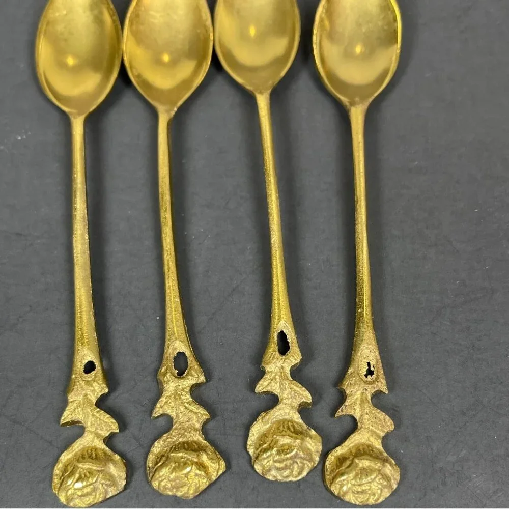Brass Demitasse Coffee Spoon Dessert Salad Fork Gold Tone Rose Handle Set 4 VTG - Picture 8 of 13